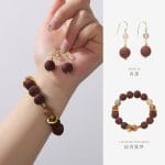 Ancient Craft Herbal "Double Happiness" Scented Bead Bracelet with Gold Rutile Quartz, Paired with Sterling Silver (925) Hook Earrings​