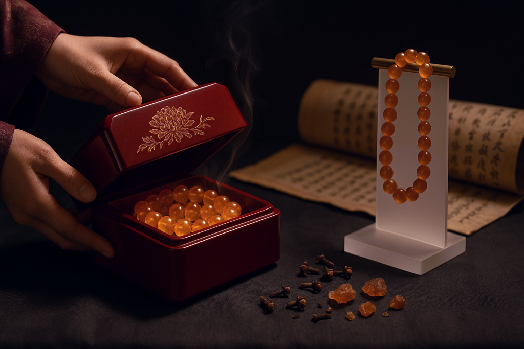 Chinese artisan handcrafting incense beads in traditional workshop, warm lighting, detail focused