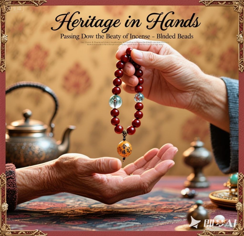 Elderly hand gently passing a handmade bracelet to a younger hand, traditional tea set in background