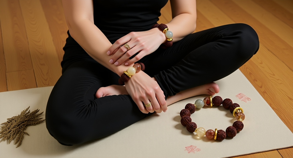 A hand placing a bracelet on a pillow beside a glowing candle, cozy nighttime atmosphere, symbolizing sleep ritual