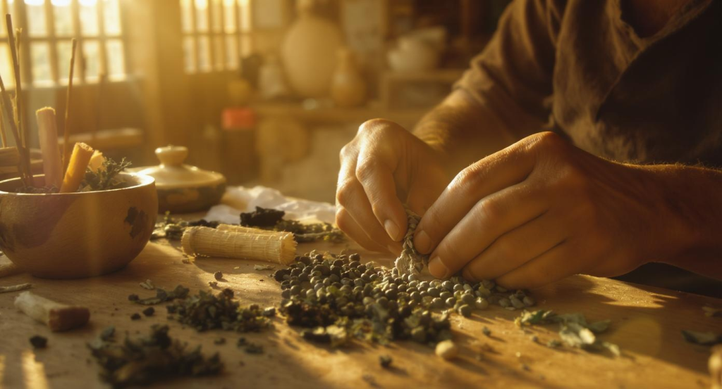 Close-up of artisan shaping herbal incense beads by hand in a sunlit rural workshop, warm light