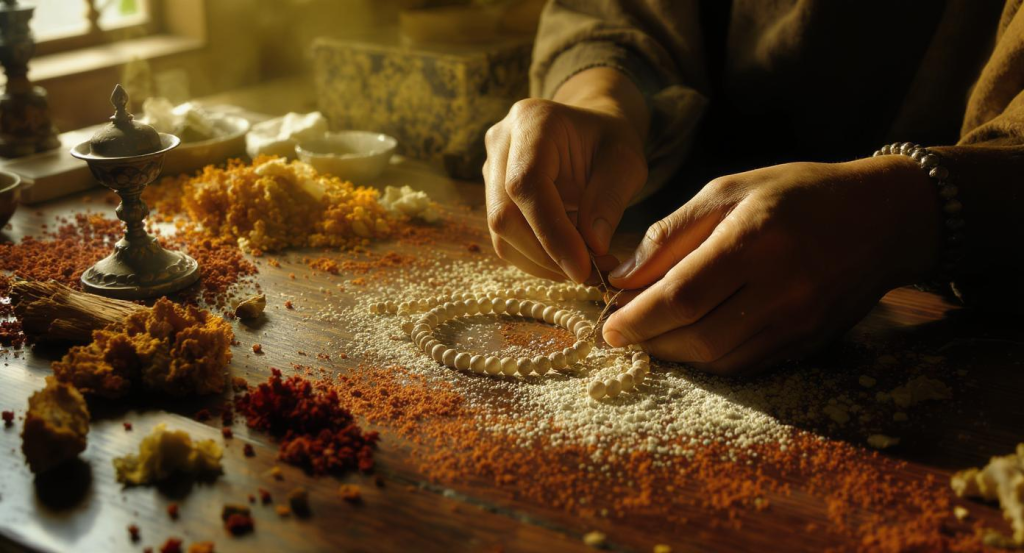 Spiritual Chinese beads and incense bracelets arranged on ancient paper scroll, with subtle smoke rising, soft natural lighting
