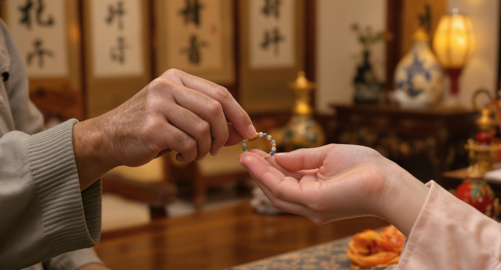Grandparent passing down handmade bracelet to grandchild, focus on hands, traditional Chinese background