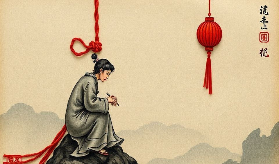 Intricate red Chinese knot with multiple interwoven loops