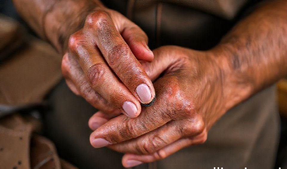 A person's hands carefully cutting a strap from a piece of leather on a cutting mat, surrounded by basic tools.