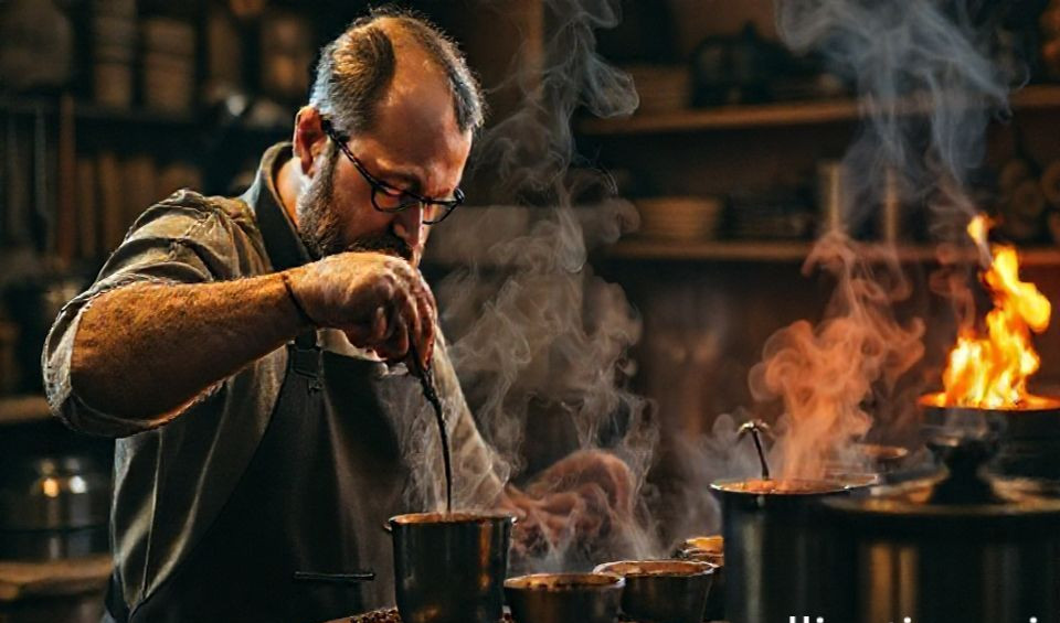 An illustration depicting the historical transformation of coffee roasting from an open fire to modern machinery.