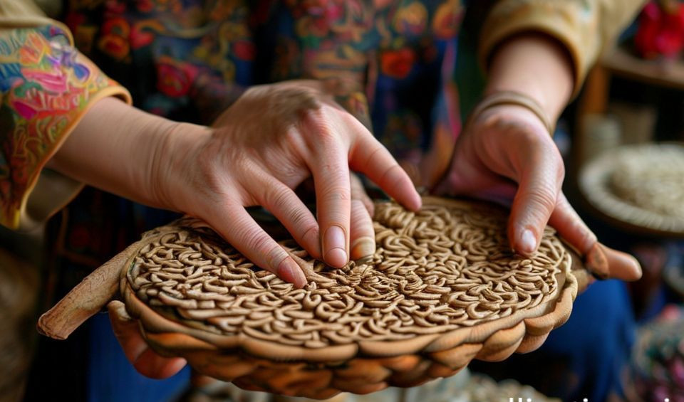 A craftsperson's hands shaping clay on a potter's wheel