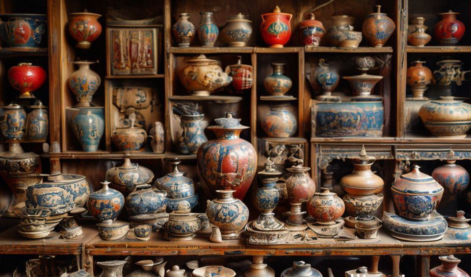 A detailed view of ancient Chinese ceramic artifacts under museum lighting