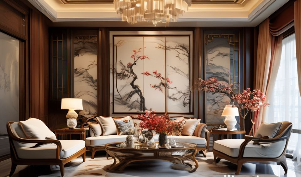 A serene room showcasing Chinese aesthetic decor with clean lines, natural materials, and intentional emptiness