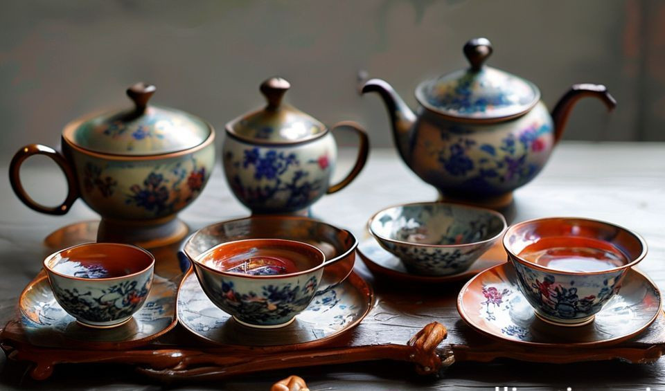 A simple, well-used gaiwan, fairness cup, and teacups arranged on a wooden surface