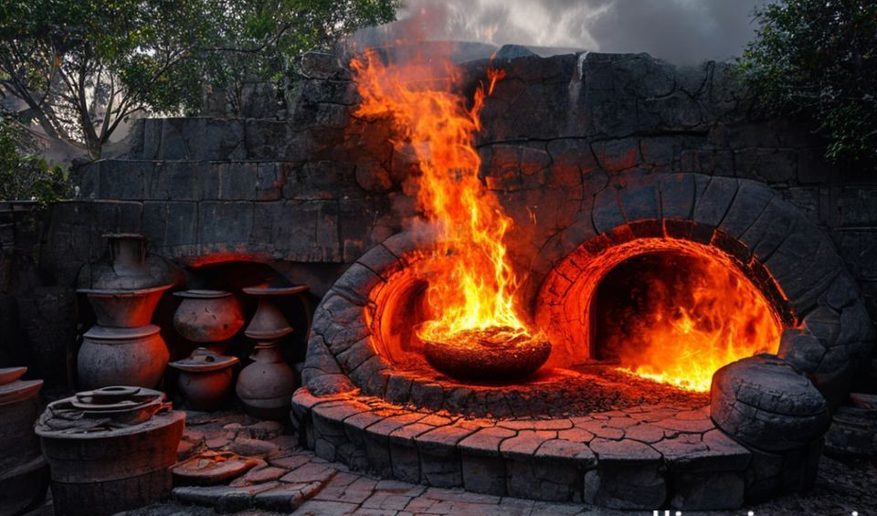 Interior of a dragon kiln during firing, showing the long chamber and glowing pottery