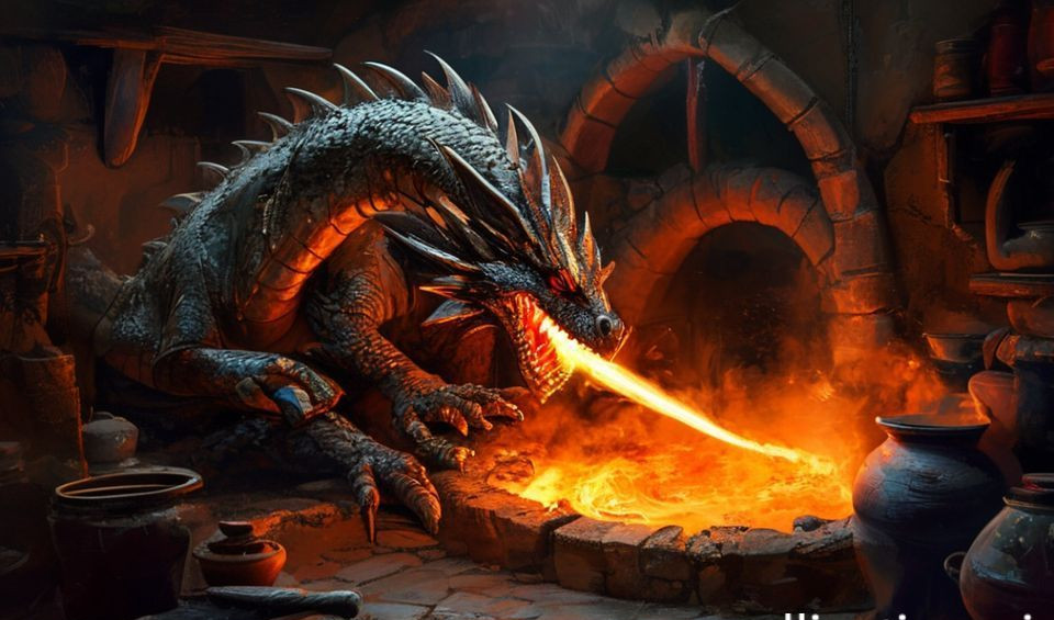 A long, tunnel-like dragon kiln built into a hillside, with smoke gently wafting from its chimney, surrounded by trees.