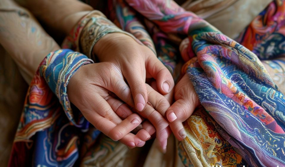 A close-up of a woman's hands tying a vibrant, handmade silk scarf around her neck.