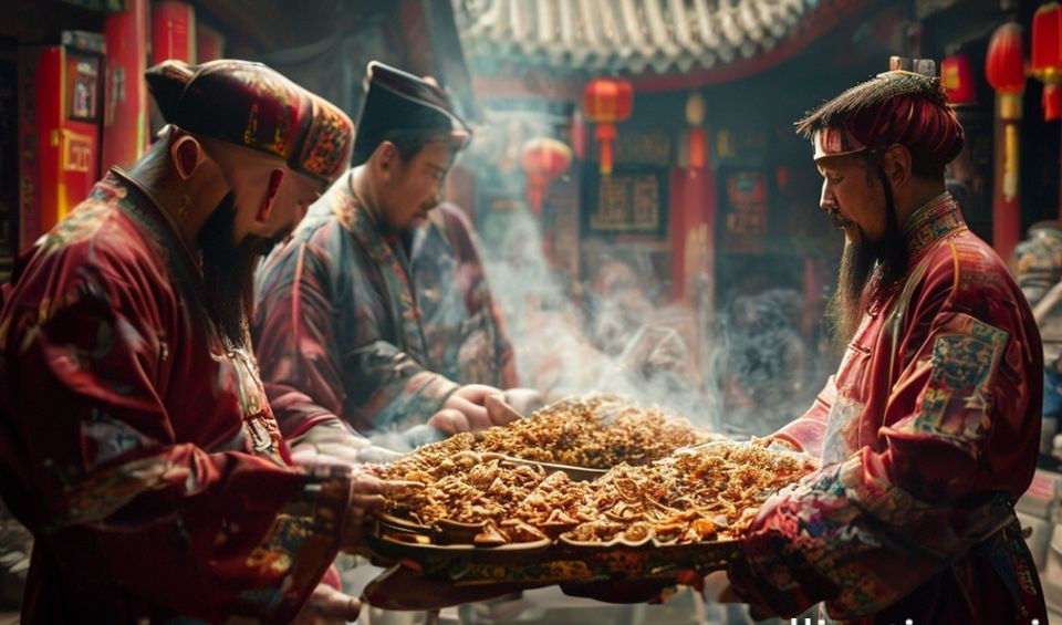 An elderly master musician plays a bamboo flute in a traditional setting, representing the transmission of intangible cultural heritage in China.