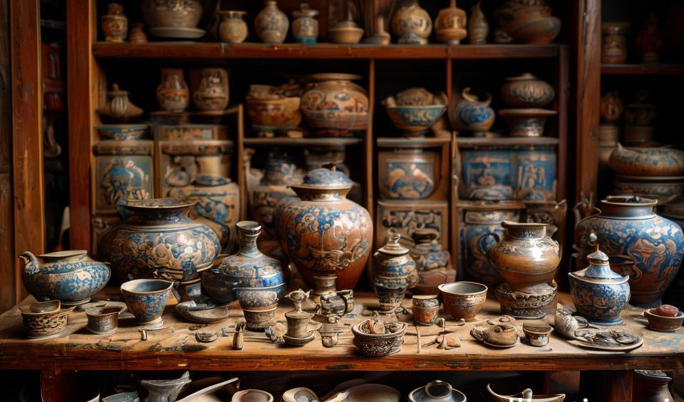 An assortment of traditional Chinese artifacts including a teapot, calligraphy brushes, an inkstone, and a guqin zither, arranged on a textured surface.
