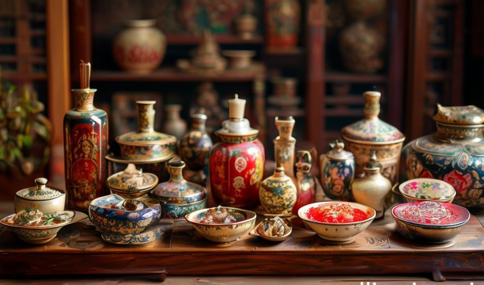 A collection of Chinese heritage products in a domestic setting, including a teapot, bowls, and woven baskets.