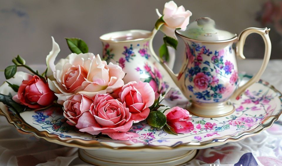 A detailed close-up of a famille rose porcelain plate showing soft pink peonies and green foliage.