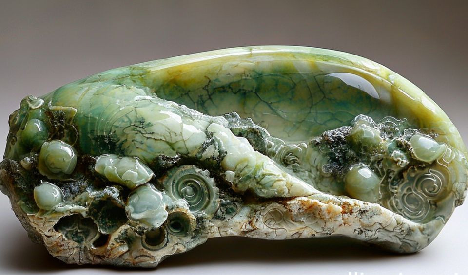 A contemporary nephrite jade carving showing abstract forms that follow the stone's natural color gradients and textures.