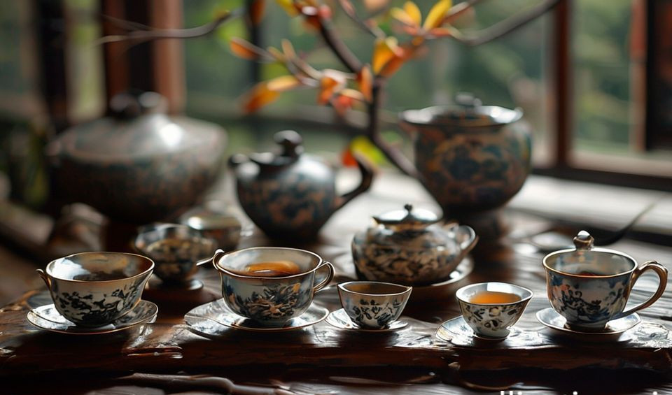 A modern arrangement of Chinese tea sets featuring a Yixing clay teapot, porcelain gaiwan, glass fairness pitcher, and various cups on a wooden tray.