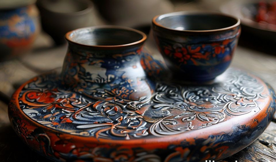 A close-up view of a lacquerware bowl, showing deep, luminous layers of resin and delicate gold maki-e decoration.