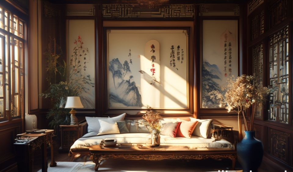 A serene interior showcasing Chinese aesthetic decor with a wooden console, a ceramic vase, and a scroll painting against a plain wall.