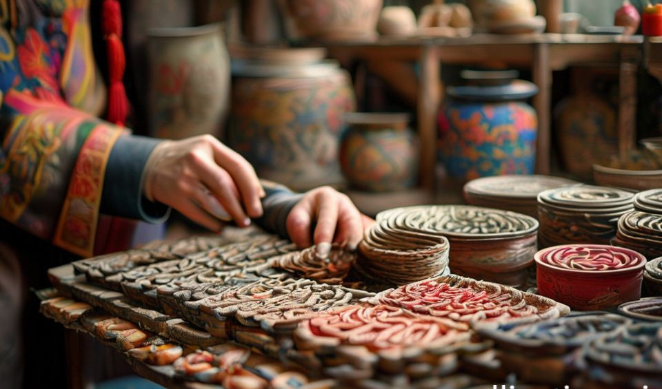 A collection of traditional Chinese handicrafts including porcelain, lacquerware, and textiles arranged artistically.