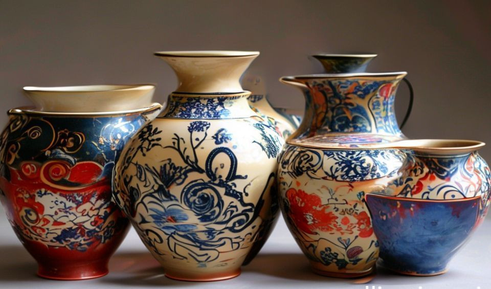 A collection of Song dynasty style ceramics including celadon glazed bowls and a vase, showcasing subtle glaze variations and elegant forms.