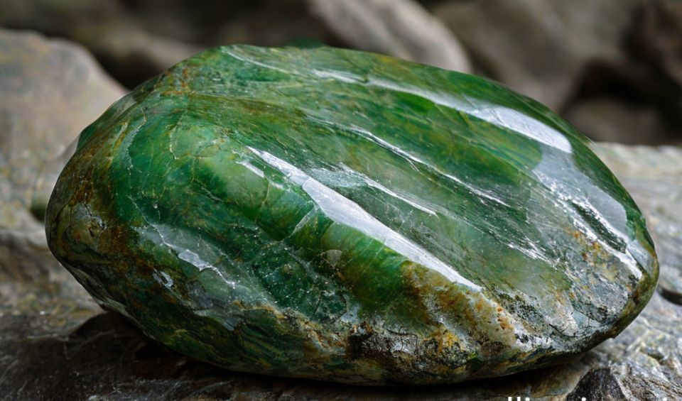 A master carver's hands hold a piece of raw jade, its surface revealing complex veins and colors.