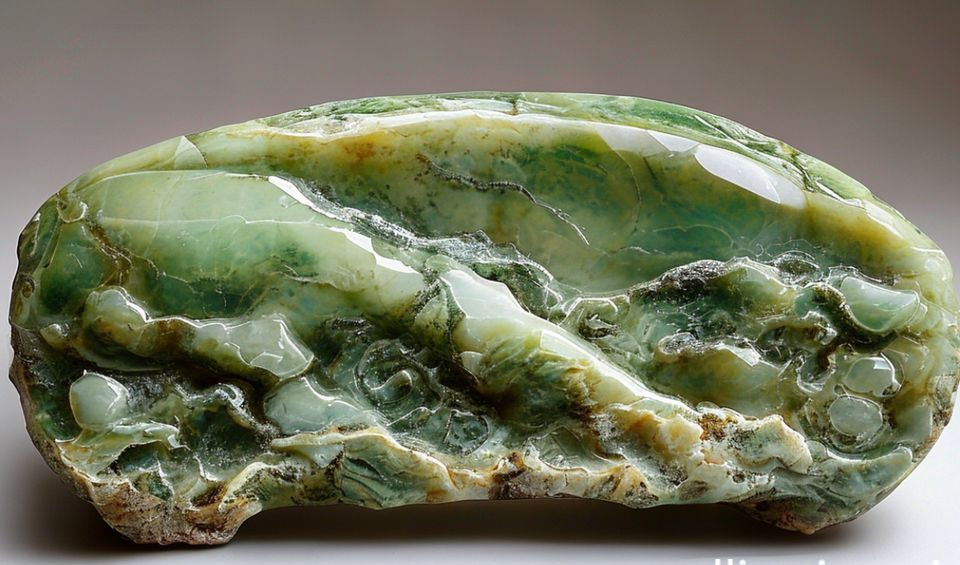 A collection of nephrite jade carvings showing various forms, from a smooth disc to a intricately carved small sculpture, resting on a textured cloth.
