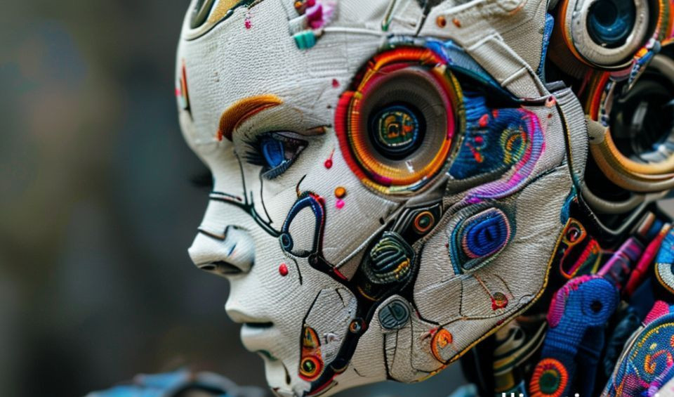 A close-up image showing intricate silver embroidery on a dark, technical fabric, representing the fusion of craft and technology.