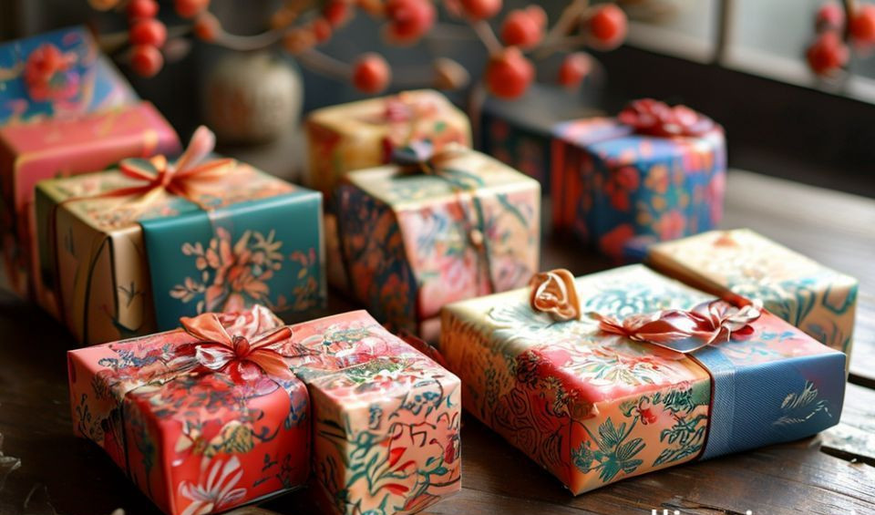 A collection of handmade Chinese gifts including a teapot, ceramic bowls, and a silk item arranged on a textured fabric.