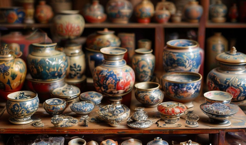 An assortment of rare Chinese collectibles including porcelain, jade, and bronzes displayed on silk.