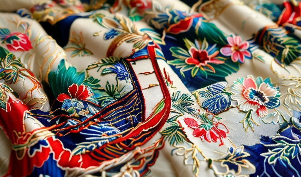 Detailed close-up of a Chinese silk embroidery featuring a dragon motif on dark silk