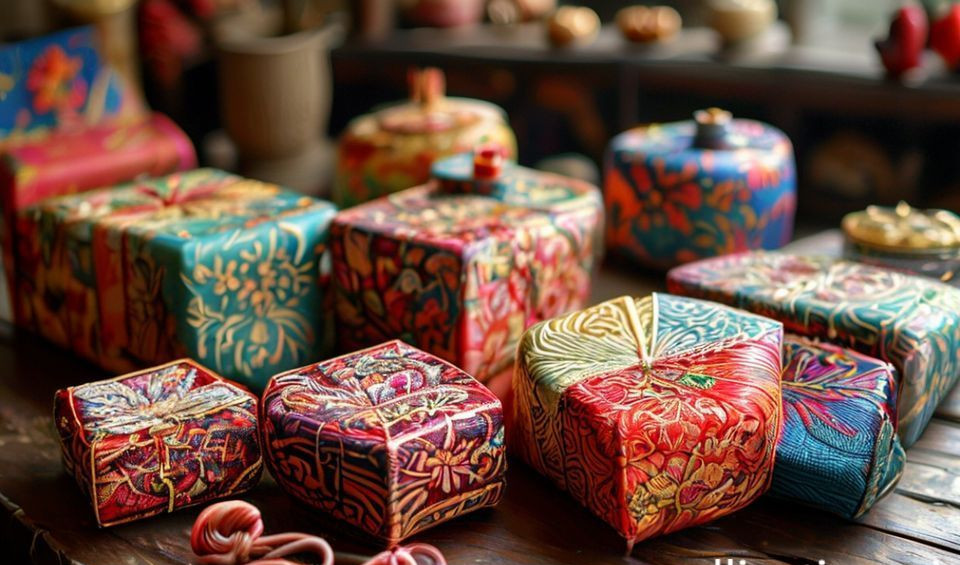 An assortment of handmade Chinese crafts including blue and white porcelain, silk fabrics, and carved jade.