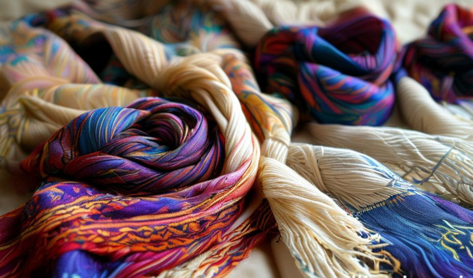 Close-up of a weaver's hands on a wooden loom, guiding shimmering silk threads.