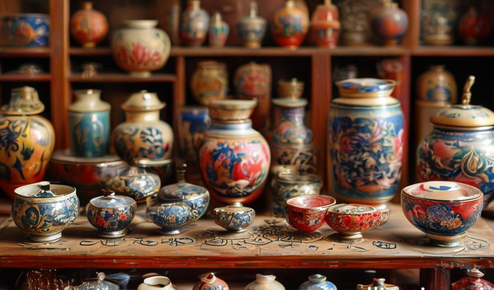 A collection of rare Chinese antiquities including porcelain, jade, and bronze objects displayed on a dark surface.