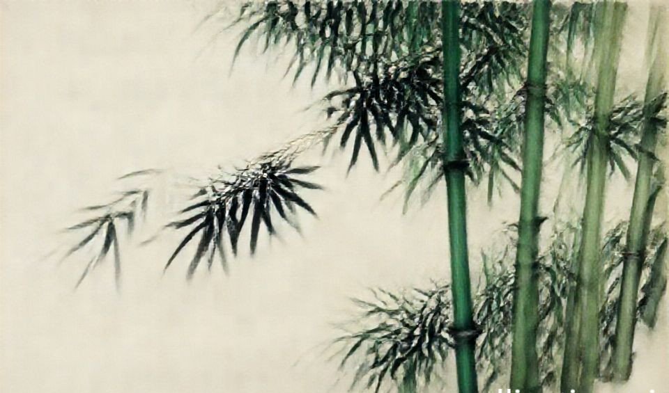 A detailed monochrome ink painting of bamboo stalks and leaves, showcasing texture and depth.