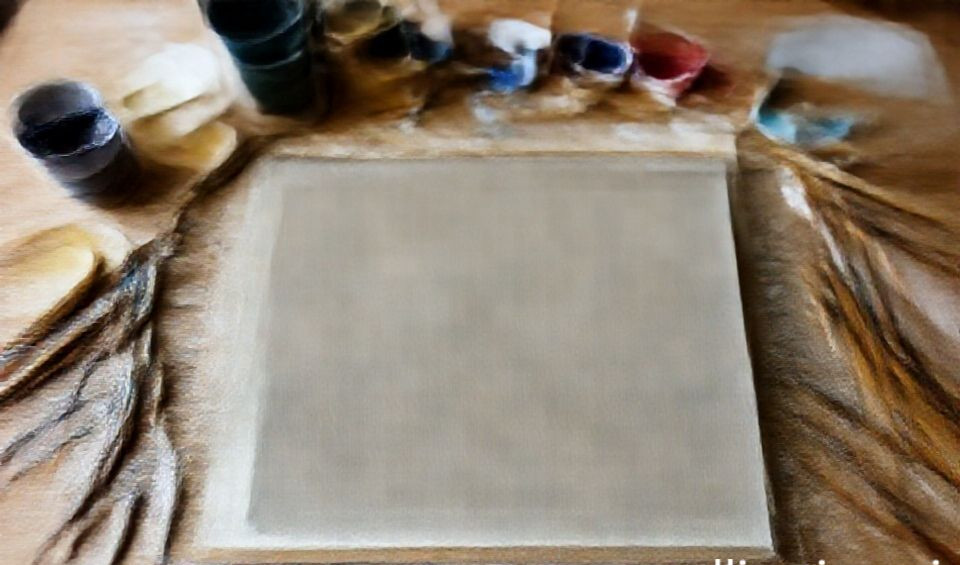 A traditional arrangement of sumi-e painting supplies: ink stick, grinding stone, brushes, and paper