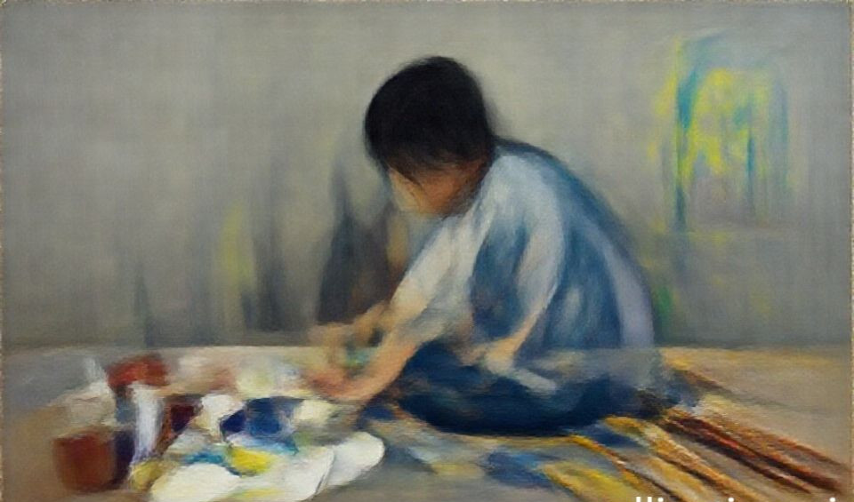 A serene arrangement of traditional and modern sumi-e painting supplies: brushes, inkstone, inkstick, and paper.