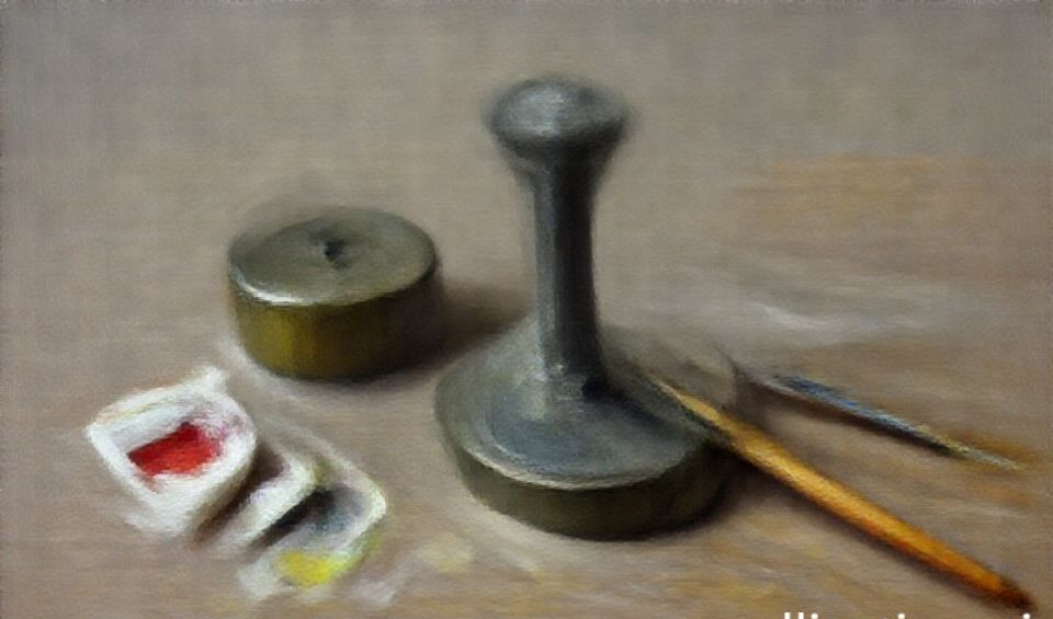 A sumi-e artist's workspace showing an inkstone, inkstick, brushes, and washi paper