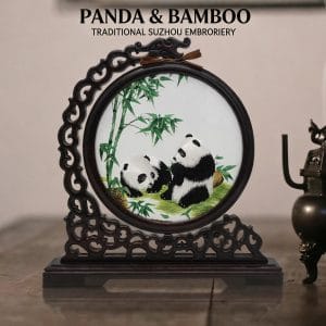 Double-Sided Panda Embroidery Screen - Cantonese Embroidery Bamboo Scene Decorative Gift - Handmade Chinese Gift Detail