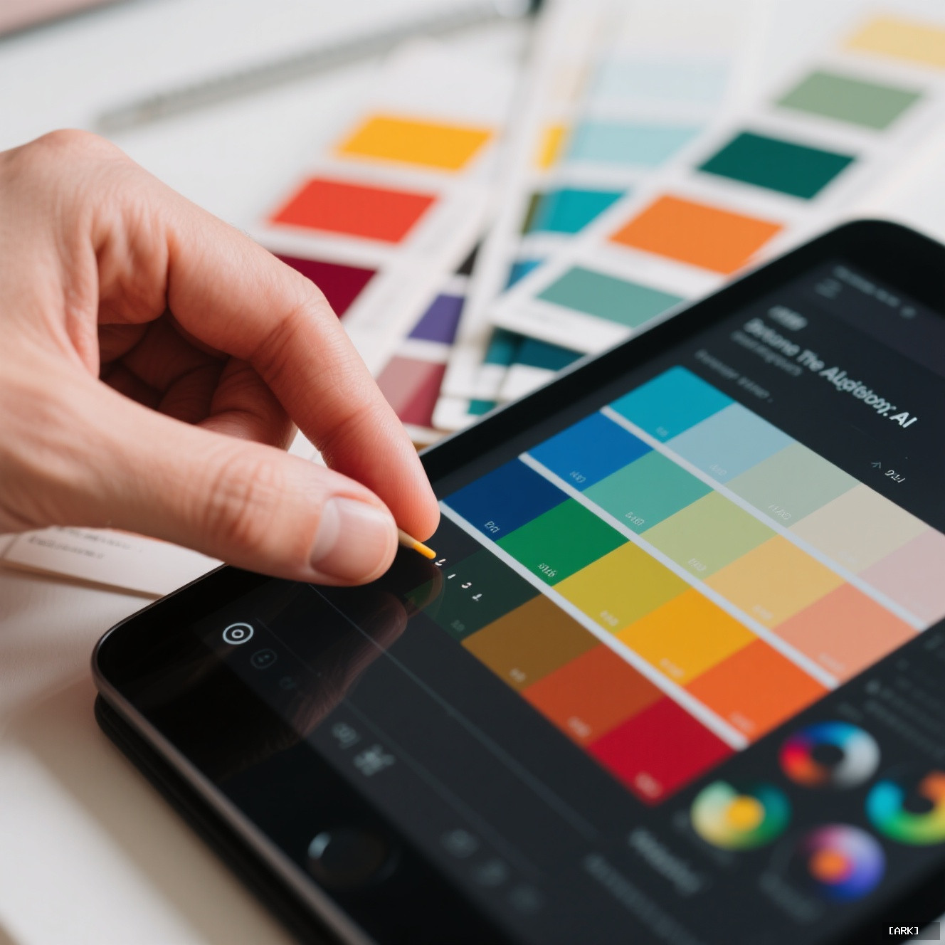 close-up view of a designer's hand adjusting color sliders on a tablet…, featuring AI color analysis