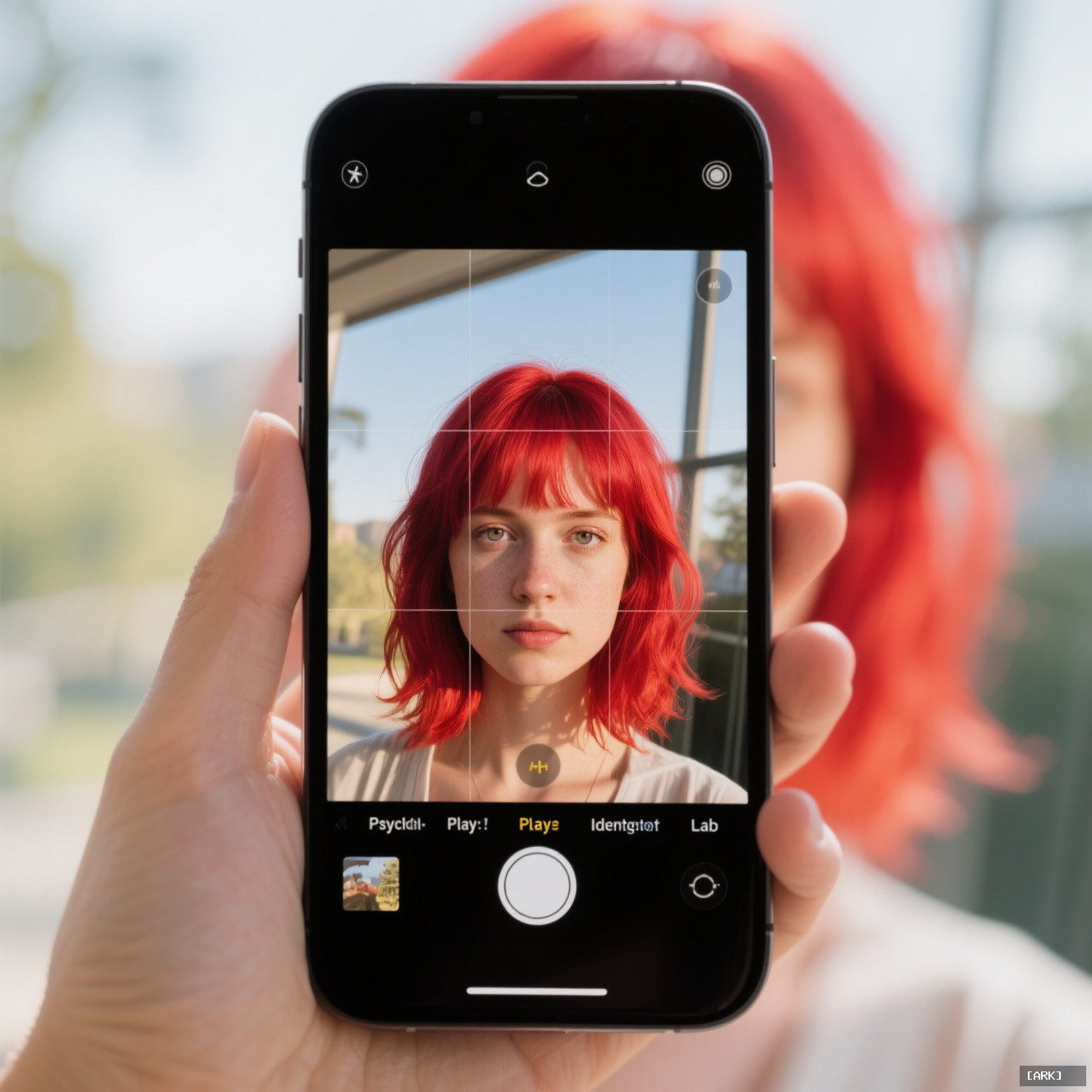 close-up smartphone screen showing person's reflection with digitally changed vibrant red hair&hellip;, featuring AI hair …