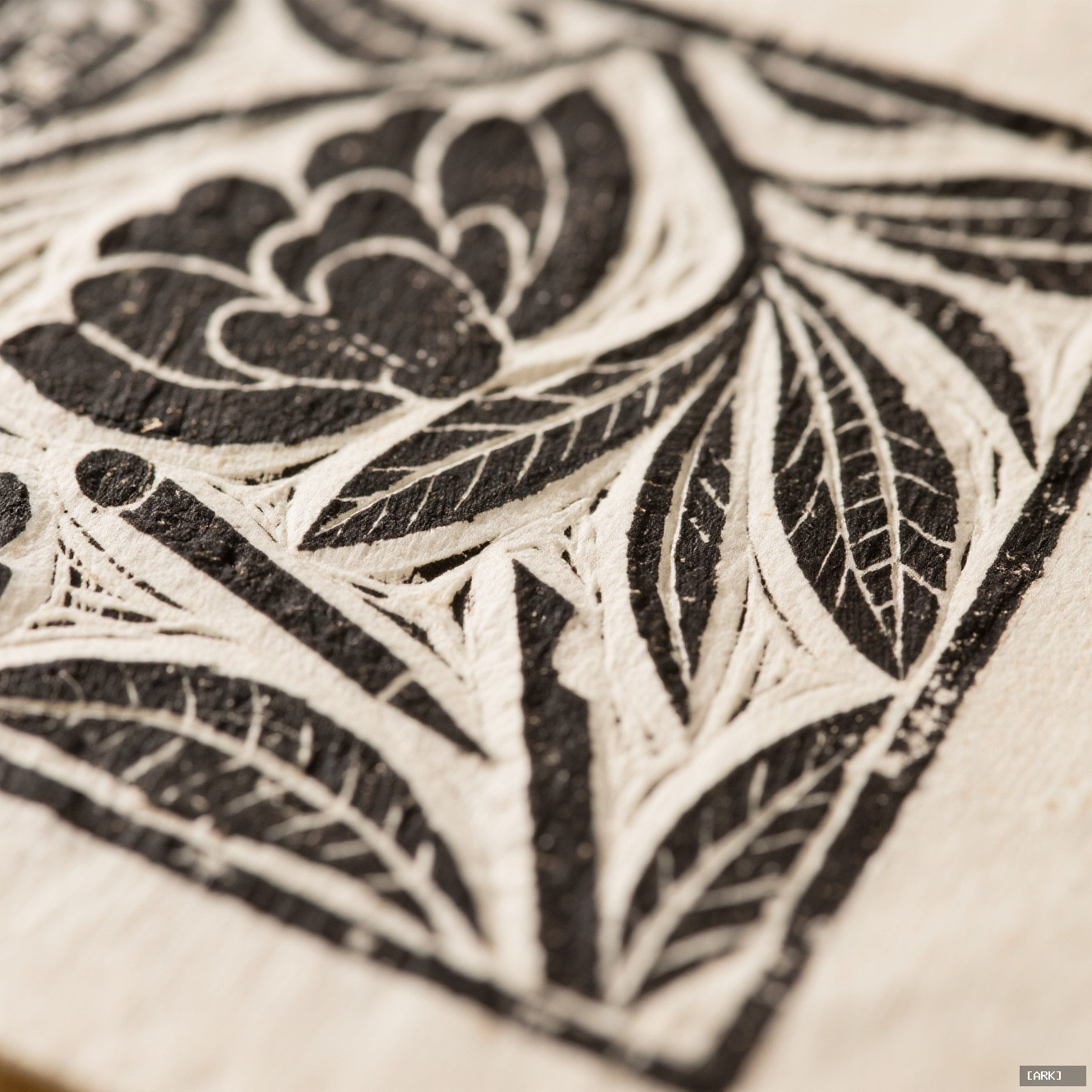 close-up detail of a hand-carved Chinese woodblock print showing tool marks and…, featuring Chinese folk art