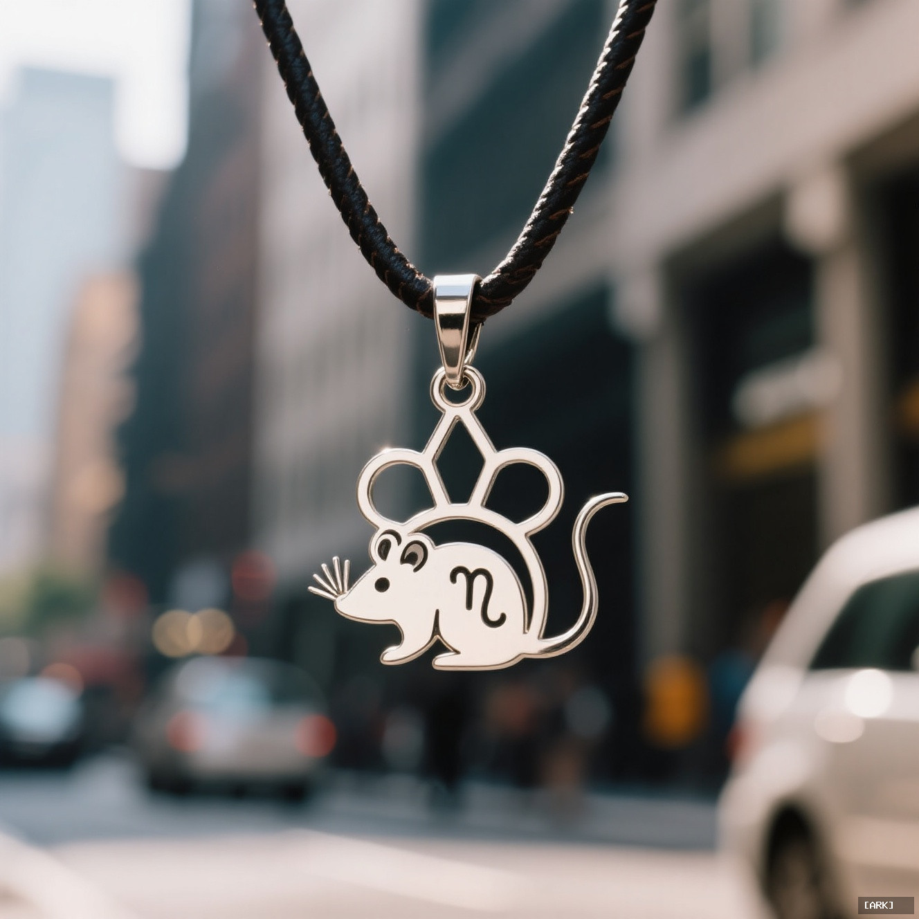 Close-up of a minimalist geometric rat zodiac pendant on a leather necklace&hellip;, featuring Chinese zodiac charms