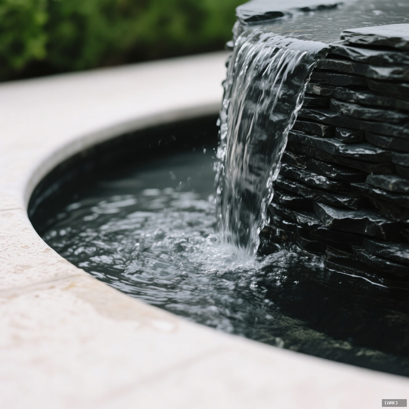 close-up detail of water trickling over textured black slate into a hidden&hellip;, featuring Courtyard water feature design