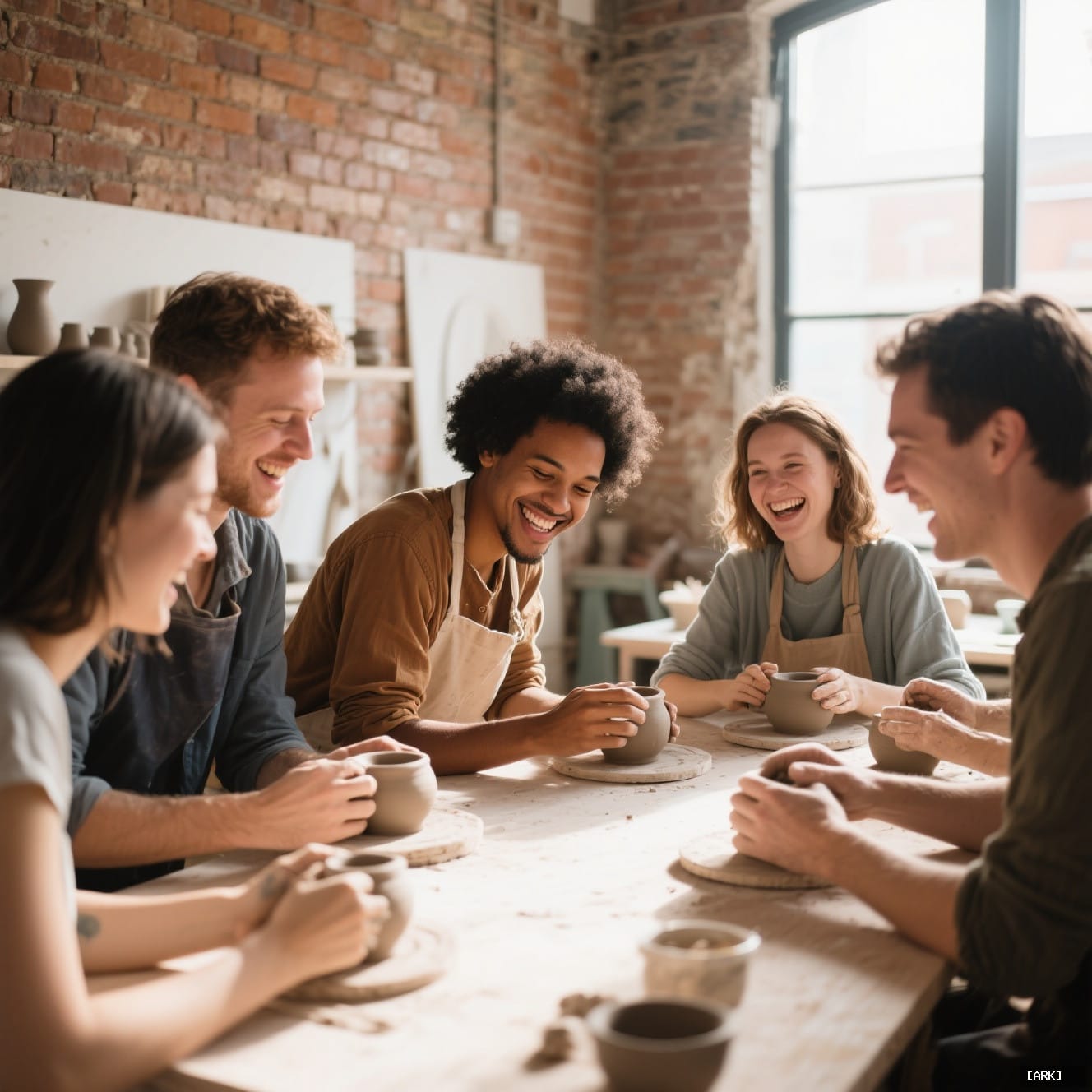 A diverse group of adults laughing and concentrating while hand-building pottery together&hellip;, featuring Craft worksho…