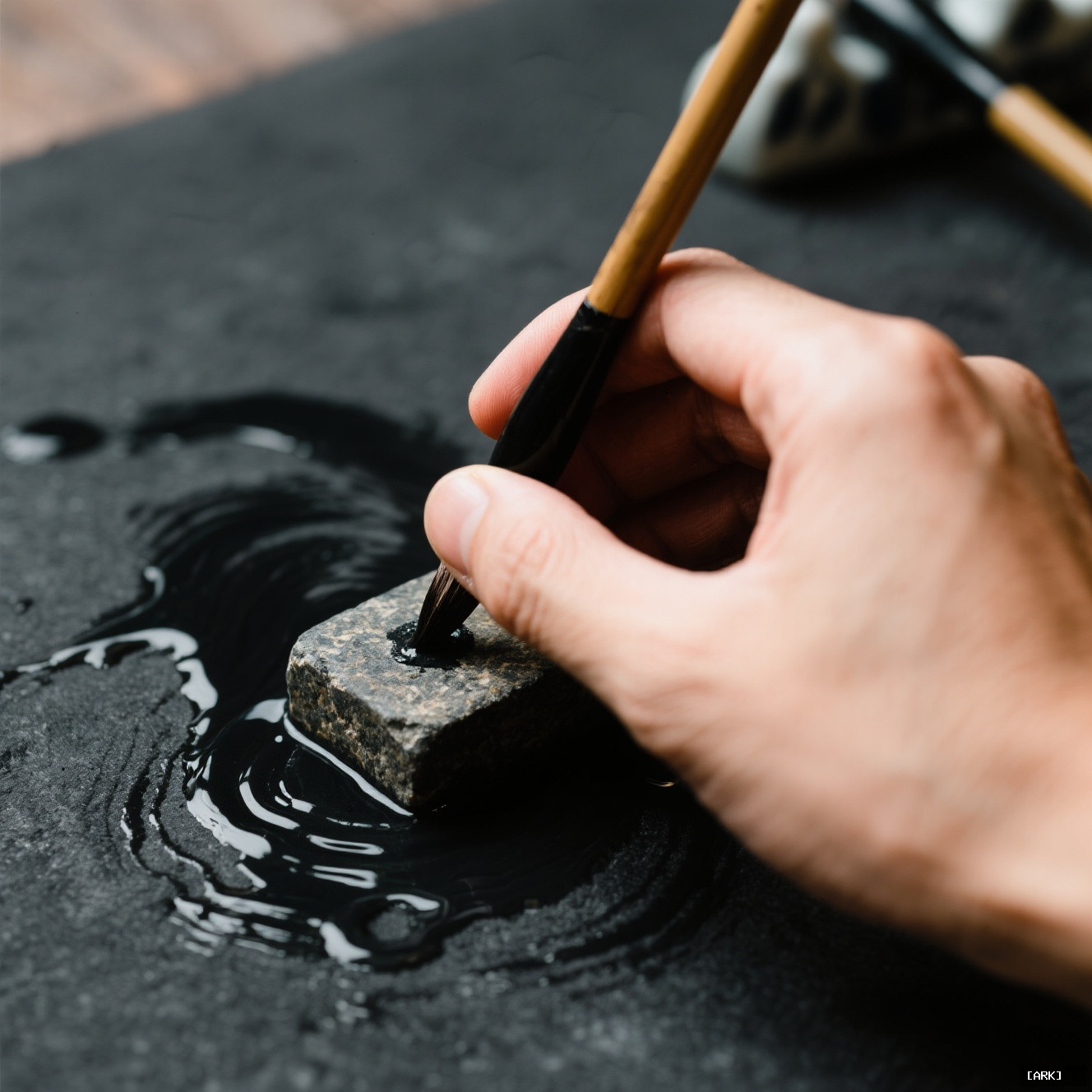 A close-up of a hand grinding an ink stick on a stone…, featuring Chinese calligraphy supplies