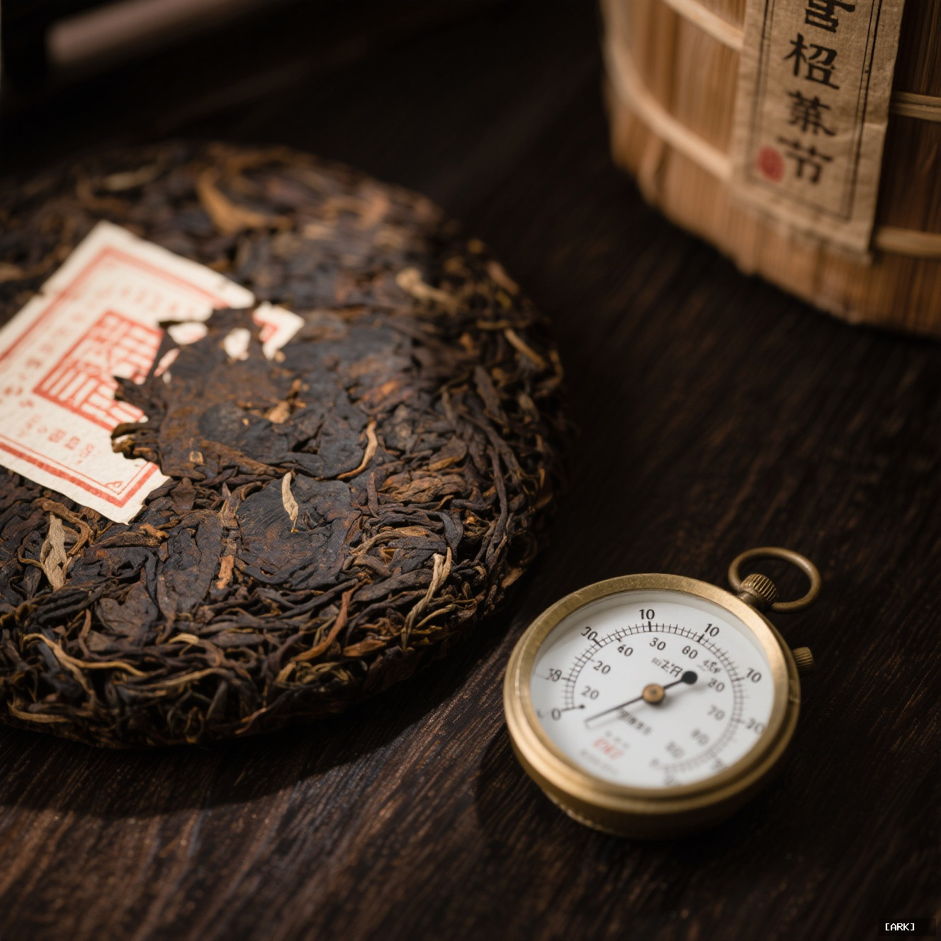 Close-up of a traditional Chinese pu-erh tea cake resting on dark wood&hellip;, featuring Chinese tea storage