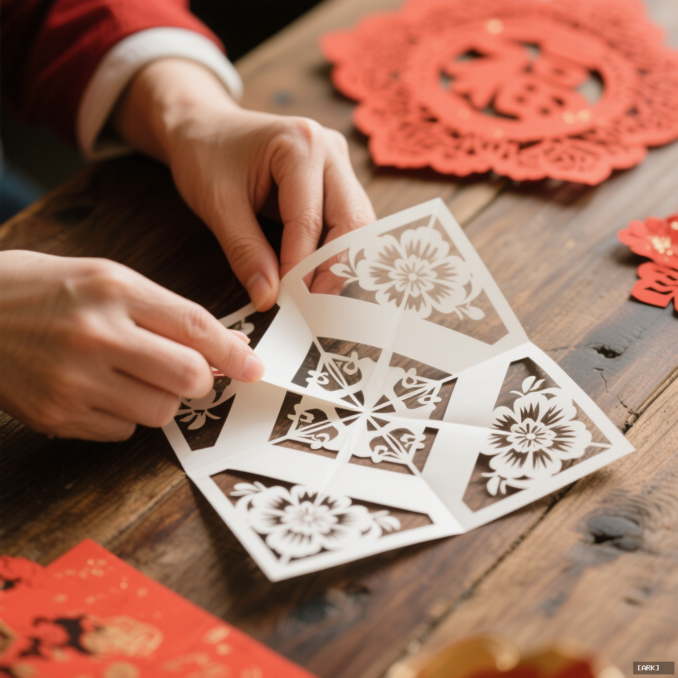 Close-up of hands creating a modern paper-cut with geometric and traditional floral&hellip;, featuring Chinese holiday crafts